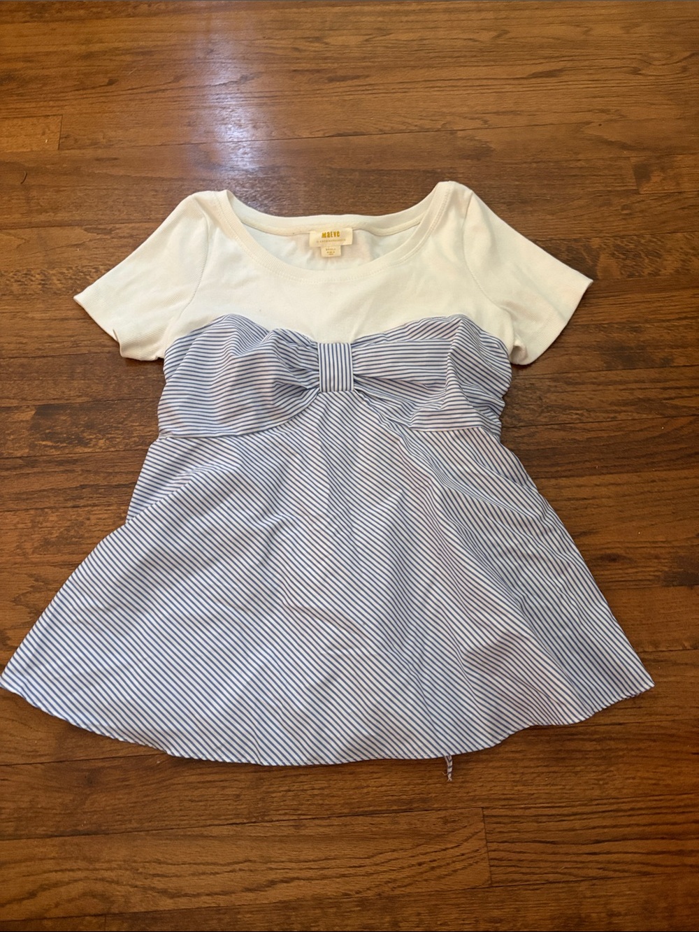 Anthropologie White Top with Light Blue Striped Bow Detail